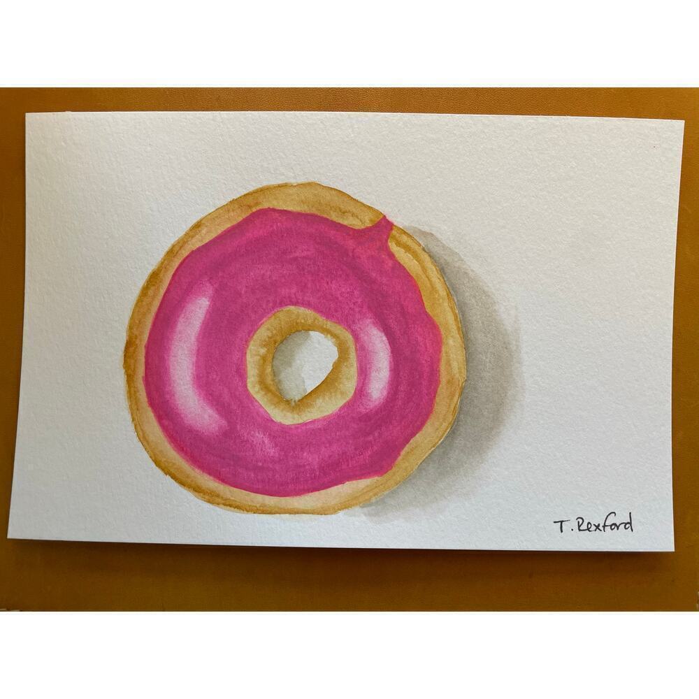 Hand painted watercolor original painting pink frosted donut